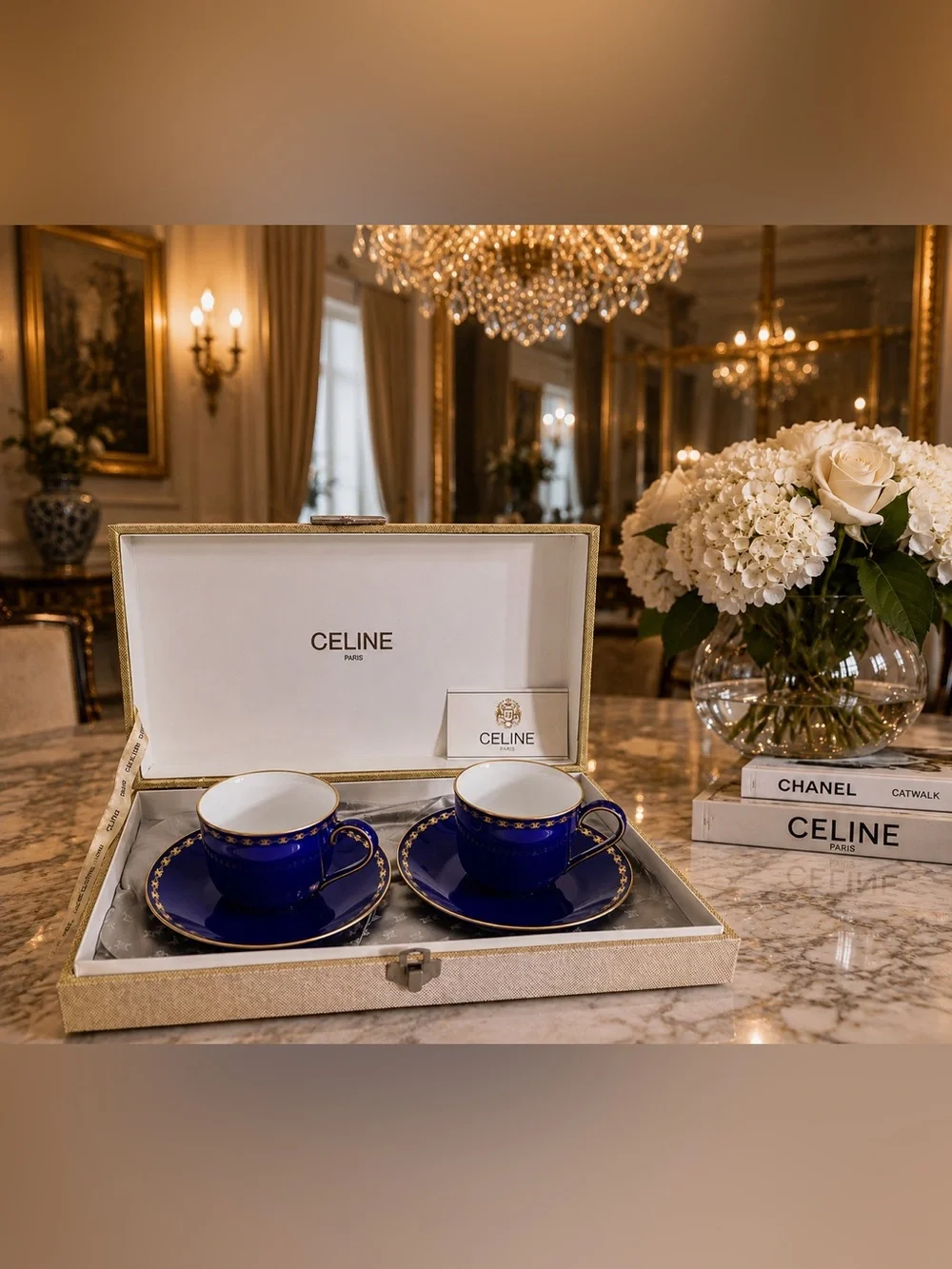 CELINE Paris Cobalt Blue Porcelain Espresso Cup & Saucer Set w/Box Gold Trim